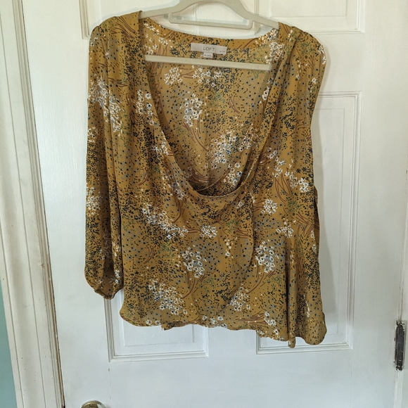 LOFT Tops - Loft Gold Floral Print Wrap Blouse Side Tie Long Sleeves Size PM